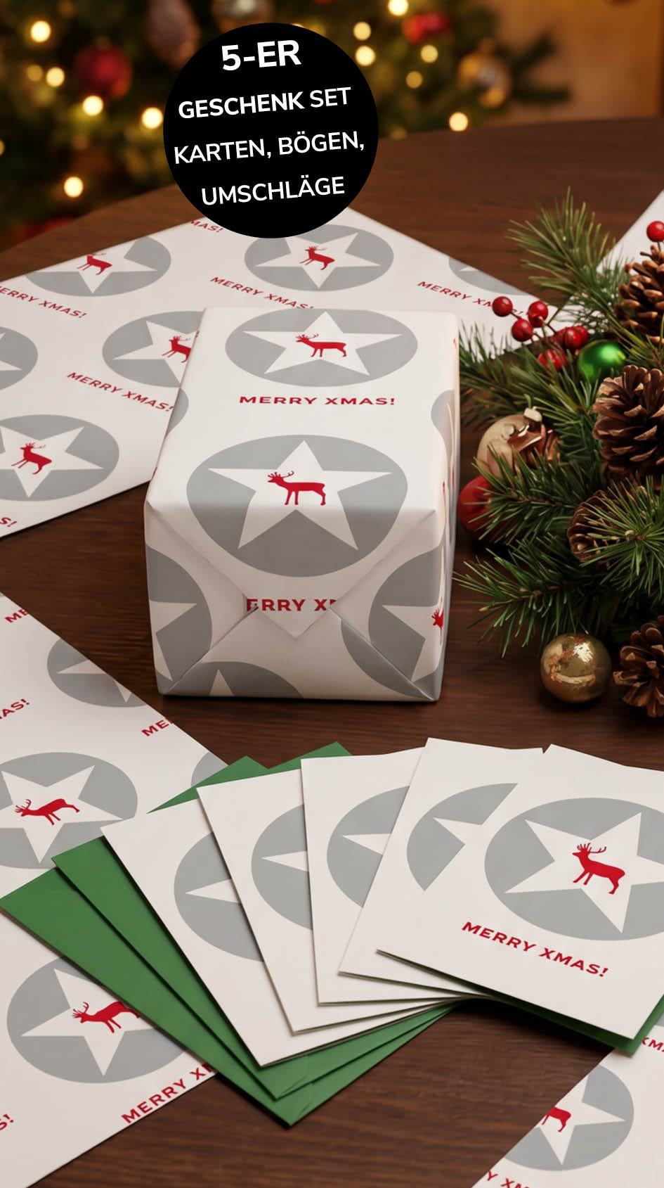 Klassisches Geschenkpapier Weihnachten 5er Set Merry XMAS, Geschenkverpackung DIN A2, Weihnachtskarte inkl. Umschlägen - Individuelle Einladung